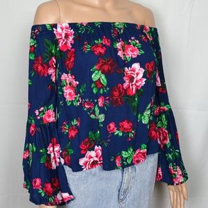 Off the Shoulder Red White & Blue Floral Blouse B2